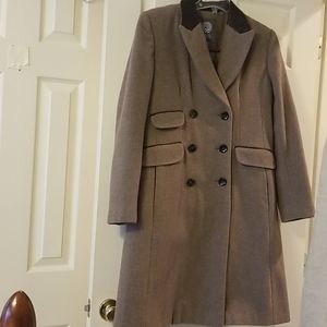 Vince Camuto tan wool coat with leather trim M